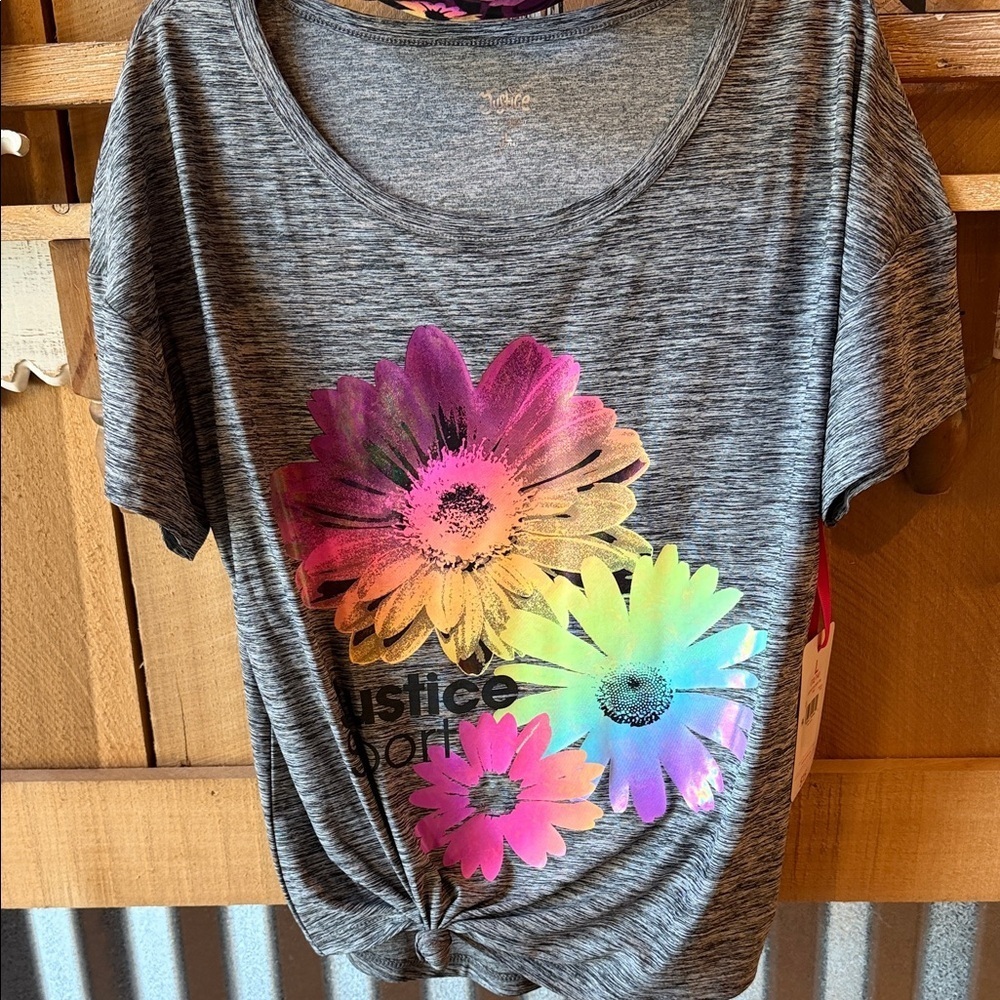 Justice Gray Tee and sports bra set with Colorful Floral Design